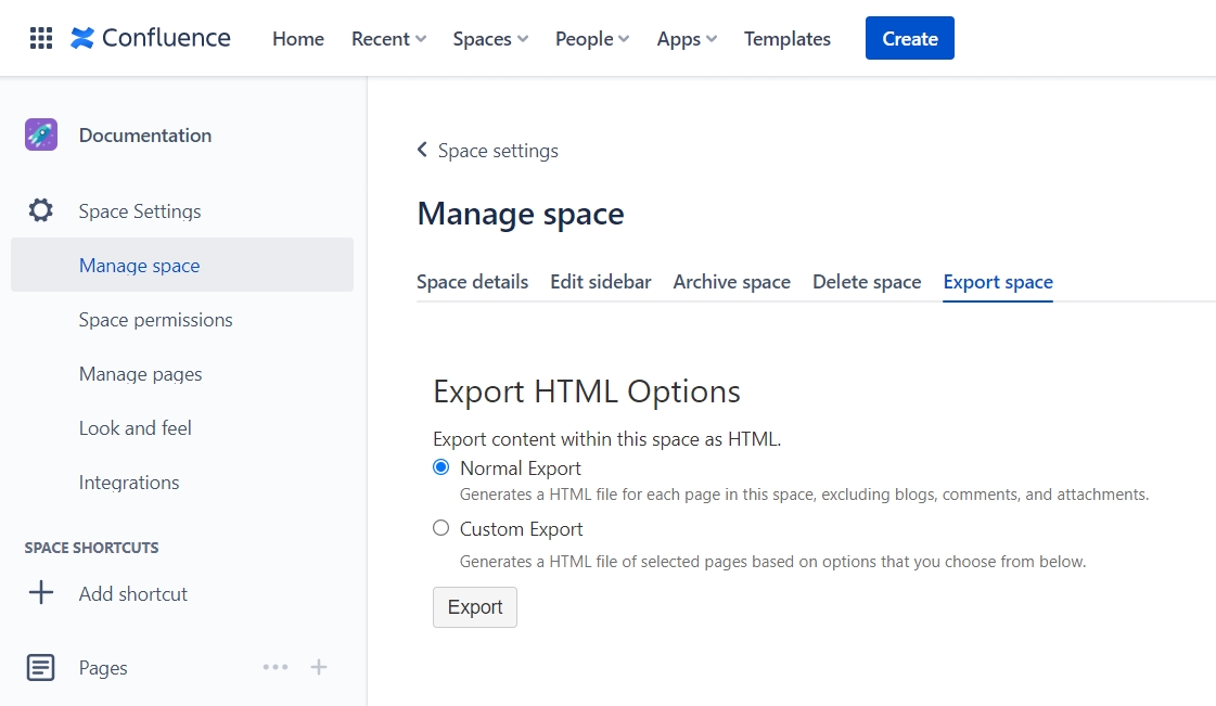 Confluence Export Type Selection